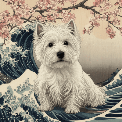 West Highland White Terrier Ukiyo E Woodblock